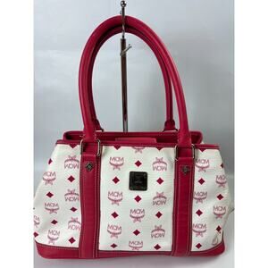 MCM Handbag White/ Red Leather Boston Bag Small Tote Purse